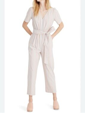Madewell Pastel Pink Striped Short Puff Sleeve Belted Jumpsuit Tapered | 00